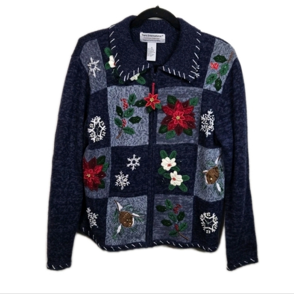 Womens Christmas sweater Blue Knit y2k patchwork poinsettia zip up M
